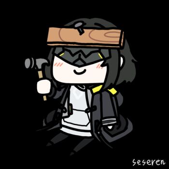  1girl animated animated_gif arknights arknights:_endfield artist_name black_hair chibi chinese_commentary closed_mouth commentary_request endministrator_(arknights) female_endministrator_(arknights) hammer lowres medium_hair seseren simple_background sitting smile solo sticker_(medium) transparent_background 