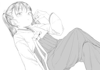  1girl absurdres blush bow child chima_(clothes) crossed_legs dutch_angle greyscale hair_ribbon hanbok hand_up highres jeogori_(clothes) korean_clothes long_sleeves looking_at_viewer looking_down monochrome original ribbon simple_background sitting small_sweatdrop solo twintails white_background zettai_yarumoni 