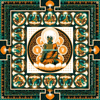  1girl album_cover antti_ukkola barefoot border buddhism censored censored_by_text censored_nipples closed_eyes commentary cover dithering english_commentary erasure floral_border flower full_body green_theme half_lotus_position halo lotus multiple_views no_nipples official_art one_breast_out open_clothes open_robe orange_theme ornate ornate_border pixel_art recurring_image robe smile tree wheel_of_dharma zeroranger 