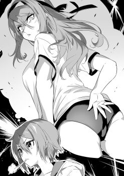  2girls anger_vein annoyed ass bloomers breasts female_focus headband highres hood hooded_jacket jacket kinuhata_saiai large_breasts legs long_hair long_sleeves looking_at_viewer looking_back monochrome mugino_shizuri multiple_girls nilitsu novel_illustration official_art ponytail sexually_suggestive shirt short_hair sideboob speech_bubble thighs thinking toaru_anbu_no_item toaru_majutsu_no_index underwear veins veiny_face white_shirt 