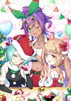  1boy 2girls ahoge akizora_mina anger_vein annoyed balloon_womb bell belt blonde_hair bow breasts candy candy_cane choker christmas christmas_lights christmas_ornaments christmas_party christmas_present christmas_stocking christmas_tree crescent_pin dark-skinned_female dark_skin fang food gift green_eyes green_hair hair_ornament hat jewelry long_hair multiple_girls natsusora_wakana navel nazuna_harusora necklace novady original purple_eyes purple_hair santa_costume santa_hat short_hair small_breasts star_(symbol) star_hair_ornament star_sunglasses trap yellow_eyes 