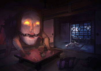  1girl chair closed_eyes closed_mouth creepy cup fangs female_focus fingernails futon glowing glowing_eyes horror_(theme) indoors lying mask monster night noh_mask on_side open_mouth original pillow rias-coast sky sleeping solo table tatami tray under_covers white_hair window yunomi  rating:Sensitive score:9 user:danbooru