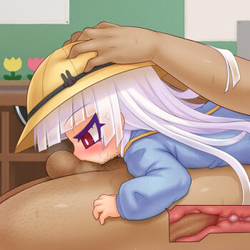  1boy 1girl 69 age_difference alexi_(tits!) blush character_request clothed_female_nude_male cum cum_in_throat cut-in deepthroat fellatio full-face_blush girl_on_top hands_on_another's_head hat heavy_breathing hetero irrumatio kindergarten kindergarten_uniform light_purple_hair loli long_hair nude oral penis red_eyes school_hat stray_pubic_hair testicles testicles_on_face uncensored  rating:Explicit score:277 user:danbooru