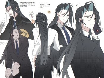  1boy baitang_sw black_hair black_jacket black_pants black_suit blue_necktie braid cellphone collared_shirt curtained_hair fate/grand_order fate_(series) formal_clothes gun highres holding holding_gun holding_phone holding_weapon jacket kondou_isami_(fate) lapels long_hair multiple_views necktie notched_lapels official_alternate_costume one_eye_closed pants phone red_hair shirt single_braid single_hair_streak smartphone smile suit suit_jacket translated weapon white_background white_shirt 