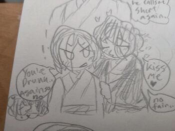  ! 1boy 1girl age_difference couple dazai_osamu_(isekai_shikkaku) doodle english_text genderswap genderswap_(ftm) genderswap_(mtf) heart height_difference isekai_shikkaku kiss loving_aura sacchan_(isekai_shikkaku) sketch speech_bubble traditional_media upper_body  rating:General score:0 user:Miahko