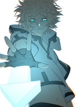  1boy aotu_world arrow_(symbol) black_gloves black_shorts blonde_hair blue_eyes blurry chinese_commentary closed_mouth energy fighting_stance fingerless_gloves floating floating_object floating_weapon gloves glowing glowing_eyes hair_between_eyes highres hood hood_down hoodie kayu_(yukagoin) king_(aotu_world) light_particles looking_at_viewer male_focus midriff midriff_peek navel outstretched_arm outstretched_hand pointy_ears powering_up reaching reaching_towards_viewer short_hair short_sleeves shorts simple_background solo spiked_hair upper_body white_background white_hoodie 