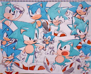  1boy ^_^ arm_up black_eyes classic_sonic closed_eyes closed_mouth commentary double_v english_commentary gloves grin hand_on_own_face head_rest hedgehog_boy highres looking_at_viewer male_focus multiple_views open_mouth red_shoes shading_eyes shoes sketch smile sonic_(series) sonic_the_hedgehog tezz v white_gloves 