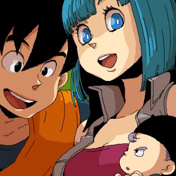  1girl 2boys baby blue_eyes blue_hair bulma dragon_ball dragonball_z dramatica lowres multiple_boys oekaki short_hair smile son_goku trunks_(dragon_ball)  rating:Sensitive score:18 user:danbooru