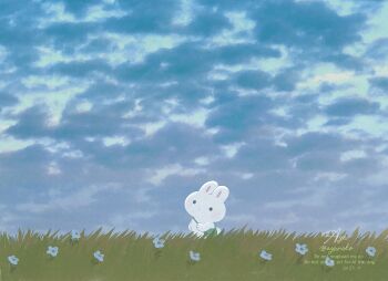  animal animal_focus ayu_(mog) bag blue_sky closed_mouth cloud cloudy_sky commentary dated day dot_mouth english_commentary field flower grass highres no_humans original outdoors rabbit scenery signature sky solid_circle_eyes solo twitter_username watermark white_flower 