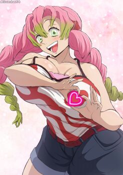  1girl absurdres breasts cloverdraw04 green_eyes heart highres kanroji_mitsuri kimetsu_no_yaiba large_breasts long_hair pink_hair smile  rating:Questionable score:20 user:Ultimate52