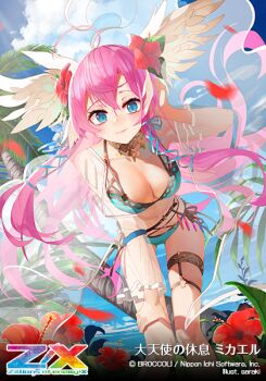  1girl aqua_bikini artist_name bikini blue_eyes breasts cleavage closed_mouth copyright_logo copyright_name copyright_notice feather_hair feathers flower hair_flower hair_ornament hand_on_own_head hand_on_own_knee hibiscus large_breasts logo long_hair looking_at_viewer michael_(z/x) official_art palm_tree petals pink_hair red_petals saraki solo swimsuit translation_request tree white_feathers z/x 