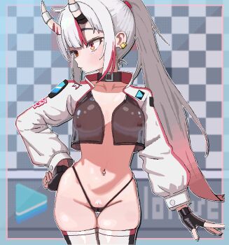  1girl black_choker black_panties breasts breasts_apart censored checkered_background choker cl_oor commentary_request contrapposto covered_erect_nipples cowboy_shot cropped_jacket ear_piercing fingerless_gloves gloves gradient_hair grey_hair grey_pubic_hair hand_on_own_hip high_ponytail highleg highleg_panties hololive horns large_breasts logo long_hair looking_to_the_side mosaic_censoring multicolored_hair nakiri_ayame oni panties piercing ponytail pubic_hair pussy pussy_peek race_queen red_eyes red_hair red_streaks see-through_clothes skin-covered_horns skindentation solo sparse_pubic_hair standing streaked_hair string_panties thigh_gap thighhighs underwear virtual_youtuber white_pubic_hair 