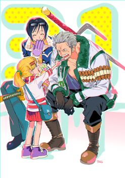  1boy 2girls absurdres bag black_gloves blonde_hair boots child commentary_request denim embarrassed eyewear_on_head feeding food full_body fur-trimmed_jacket fur_trim gloves highres holding holding_food holding_ice_cream ice_cream jacket jeans jitte multiple_girls one_piece pants ponytail satchel short_hair sitting smoker_(one_piece) tashigi wciarigatou weapon weapon_on_back yu_(one_piece) 