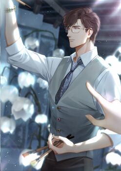  1boy absurdres black_pants blurry bracelet brown_hair collared_shirt curtained_hair flower game_cg glasses grey_vest highres holding holding_brush holding_paintbrush indoors jewelry light_and_night_love light_particles lu_chen male_focus necktie non-web_source official_art out_of_frame paintbrush pants pointing pov red_eyes shirt sleeves_rolled_up solo solo_focus standing vest watch white_flower white_shirt 