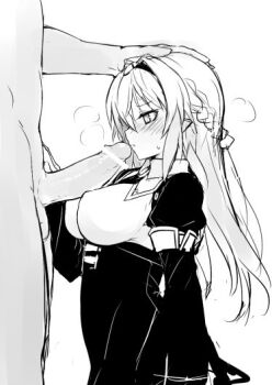  1boy 1girl blush braid breasts censored clothed_female_nude_male clothed_sex covered_erect_nipples fellatio from_side greyscale hair_ornament hairband hand_on_another's_head hetero imminent_fellatio kneeling lilia_(null) long_hair monochrome mosaic_censoring nude null_(nyanpyoun) oral original penis simple_background sketch solo_focus spot_color  rating:Explicit score:202 user:Namlykaj