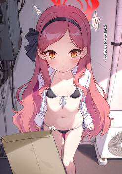  ! !! 1girl bikini black_bikini black_hairband blue_archive blush breasts closed_mouth commentary condenser_unit envelope feet_out_of_frame front-tie_bikini_top front-tie_top groin hairband halo highres jacket loli long_hair long_sleeves looking_at_viewer navel no_pants open_clothes open_jacket outdoors paid_reward_available red_hair red_halo shokupan_(slvk12) side-tie_bikini_bottom small_breasts solo speech_bubble spoken_exclamation_mark standing swimsuit takane_(blue_archive) translation_request variant_set very_long_hair white_jacket yellow_eyes 