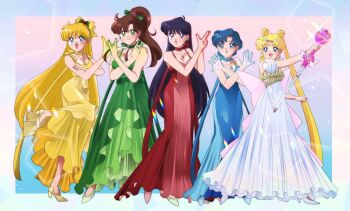  0yasumi_0nemu3 5girls aino_minako bishoujo_senshi_sailor_moon bishoujo_senshi_sailor_moon_stars black_hair blonde_hair blue_hair brown_hair dress gloves highres hino_rei kino_makoto long_hair mizuno_ami multiple_girls ponytail toei_company tsukino_usagi twintails very_long_hair  rating:General score:8 user:zombiespacial