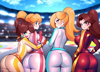  4girls ass biker_daisy biker_peach biker_rosalina blue_eyes blue_sky blush bodysuit breasts brown_hair cloud earrings grabbing_another&#039;s_breast groping jaxdrawz jewelry large_breasts long_hair looking_back mario_(series) mario_kart multiple_girls nintendo one_eye_closed pauline_(aero)_(mario) pauline_(mario) pavement ponytail princess_daisy princess_peach rosalina sky yuri 