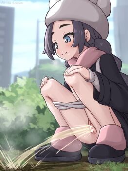 1girl ansha_(pokemon) arisu_kazumi black_coat black_hair black_shoes blue_eyes blush braid building bush censored cleft_of_venus closed_mouth cloud coat commentary_request grey_panties hands_on_own_knees hat loli long_hair long_sleeves looking_down nintendo outdoors panties panty_pull pee peeing pink_scarf pink_socks pokemon pokemon_legends:_z-a puddle pussy scarf shoes sky skyscraper smile socks solo squatting steam twin_braids underwear white_hat 