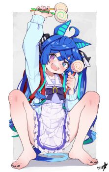  1girl @_@ absurdres ahoge animal_ears backpack bag barefoot black_nails blue_eyes blue_hair boppin bow candy commentary commission feet food heterochromia highres holding holding_candy holding_food holding_lollipop horse_ears horse_girl horse_tail lollipop long_hair long_sleeves nail_polish school_uniform sharp_teeth skirt solo tail teeth toenail_polish toenails toes tracen_school_uniform twin_turbo_(umamusume) twintails umamusume white_skirt  rating:Sensitive score:15 user:danbooru