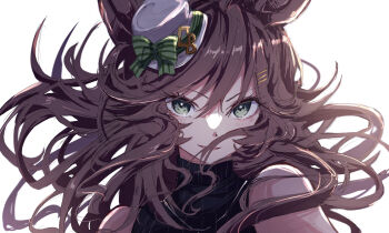  1girl absurdres animal_ears black_sweater blush brown_hair green_eyes hair_ornament hairclip hat highres horse_ears looking_at_viewer mini_hat mini_top_hat mr._c.b._(umamusume) nuruponnu parted_lips portrait simple_background sleeveless sleeveless_sweater smile solo sweater top_hat turtleneck turtleneck_sweater umamusume white_background  rating:General score:1 user:danbooru