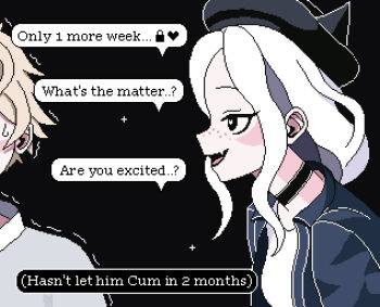  1boy 1girl black_background black_choker black_eyes black_lips blonde_hair chastity_cage choker commentary couple denim denim_jacket english_commentary english_text fang freckles from_side hat heart heart-shaped_pupils jacket kumoripix original pale_skin simple_background speech_bubble sweatdrop symbol-shaped_pupils tank_top teasing trembling upper_body white_hair white_tank_top  rating:Sensitive score:25 user:i_ruv_u