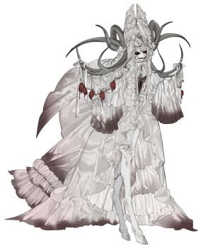  1girl animal_ears black_sclera blood blood_in_hair blood_on_clothes blood_on_face bloody_tears bow bowtie colored_sclera commentary_request dirty dirty_clothes dress ear_covers ears_up frilled_dress frilled_shirt_collar frills full_body glasgow_smile gloves gown grey_horns hair_between_eyes hair_bow heart_(organ) high-low_dress highres hole_in_chest hole_on_body hooves horn_ornament horn_ribbon horns horror_(theme) kishimen_hair leg_ribbon long_dress long_sleeves looking_ahead monster_girl multiple_horns nt_rum original red_eyes ribbon simple_background sleeves_past_fingers sleeves_past_wrists solo standing stitched_leg stitched_mouth stitches thigh_ribbon veil waist_bow white_background white_bow white_bowtie white_gloves white_hair white_ribbon white_veil 