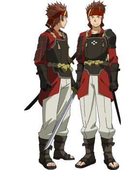  2boys adachi_shingo anime_coloring armor beard black_shirt breastplate brown_hair clenched_hands closed_mouth facial_hair from_side full_body grey_sandals headband holding holding_sword holding_weapon japanese_armor japanese_clothes katana kimono klein_(sao) kote looking_at_viewer multiple_boys multiple_views official_art pants pauldrons profile red_headband red_kimono rope_belt sandals scabbard sheath sheathed shirt short_hair shoulder_armor simple_background smile standing stubble sword sword_art_online t-shirt transparent_background weapon white_pants 