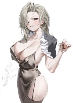  1girl absurdres black_thighhighs breasts brown_dress cleavage commentary_request cropped_jacket curtained_hair dress garter_straps goddess_of_victory:_nikke grey_eyes grey_hair highres hundred0327 korean_commentary large_breasts long_hair mature_female mole mole_under_mouth mrs._miss_(nikke) pantylines plunging_neckline simple_background smirk solo sunglasses thighhighs white_background 