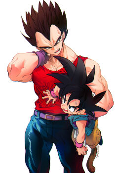 black_hair denim dougi dragon_ball dragon_ball_gt fingerless_gloves gloves highres jeans male_focus monkey_boy monkey_tail multiple_boys muscular muscular_male ommmyoh open_mouth pants pectorals red_tank_top saiyan son_goku spiked_hair tail tank_top vegeta yellow_pants 