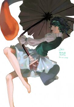  !? 1girl blue_eyes blue_skirt commentary_request foot_out_of_frame from_side geta green_hair green_vest heterochromia highres holding holding_umbrella juliet_sleeves karakasa_obake leaning_back leg_up long_sleeves looking_at_viewer open_mouth osakana_(0519_sakana) puffy_sleeves red_eyes shade shirt short_hair sideways_glance skirt solo tatara_kogasa tongue touhou umbrella vest white_background white_shirt 