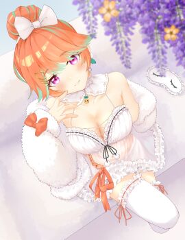  1girl absurdres babydoll bow breasts chemise cleavage fluffy_clothes frilled_thighhighs frills fur_jacket green_hair hair_bow hair_bun highres hololive hololive_english jacket lace lace-trimmed_nightgown lace-trimmed_thighhighs lace_trim large_breasts light_smile multicolored_hair official_alternate_costume official_alternate_hairstyle orange_hair purple_eyes see-through_babydoll see-through_clothes shorts sleep_mask takanashi_kiara takanashi_kiara_(cozy) thighhighs two-tone_hair virtual_youtuber white_babydoll white_chemise white_jacket white_shorts white_thighhighs yukinoshitapeo 