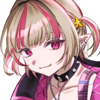  1girl black_collar blonde_hair blunt_bangs chain chain_necklace closed_mouth collar collarbone colored_inner_hair commentary_request crop_top earclip hair_intakes hair_ornament highres jacket jewelry light_smile looking_at_viewer makaino_ririmu makaino_ririmu_(6th_costume) multicolored_hair necklace nijisanji no_headwear o-ring_collar open_clothes open_jacket pink_hair pink_jacket pink_streaks plaid_clothes pointy_ears portrait red_eyes ronald_0120 short_hair simple_background solo spiked_collar spikes star_(symbol) star_hair_ornament streaked_hair two-tone_hair two_side_up virtual_youtuber white_background wolf_cut 