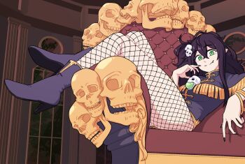  1girl ankle_boots black_boots black_hair black_nails boots clip_studio_paint_(medium) commentary commission english_commentary epaulettes fang fang_out fingernails fishnet_pantyhose fishnets green_eyes hair_between_eyes hair_ornament high_heel_boots high_heels highres indoors kugasari-san long_hair looking_at_viewer lounging original pantyhose pointy_ears skull skull_hair_ornament smile solo thighs throne vibrantrida window  rating:Sensitive score:41 user:danbooru