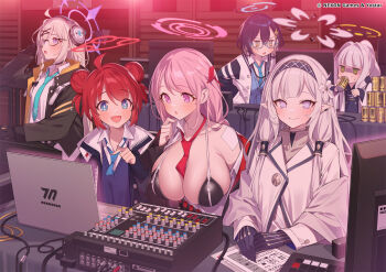  6+girls :d bandaid bandaid_on_shoulder between_breasts bikini black_bikini black_gloves black_hairband black_hoodie black_jacket blue_archive blue_eyes blue_halo blue_necktie blue_sweater_vest blush breast_zipper breasts can chihiro_(blue_archive) cleavage collared_shirt commentary_request computer double_bun down_jacket drink_can drinking earclip eimi_(blue_archive) energy_drink flower glasses gloves goggles green_eyes green_halo grey_hair hair_between_eyes hair_bun hair_flower hair_ornament hair_tubes hairband halo hare_(blue_archive) headphones headphones_around_neck highres himari_(blue_archive) holding holding_can hood hood_down hoodie id_card indoors jacket kotama_(blue_archive) laptop large_breasts long_hair long_sleeves looking_at_viewer maki_(blue_archive) mole mole_under_eye monster_energy multicolored_halo multicolored_sweater multiple_girls necktie necktie_between_breasts official_art open_clothes open_jacket open_mouth pink_hair pink_halo popqn purple_eyes purple_halo rabbit_hair_ornament red_hair red_halo red_necktie semi-rimless_eyewear shaded_face shirt short_hair ski_goggles smile striped_clothes striped_hairband sweater sweater_vest swimsuit under-rim_eyewear veritas_(blue_archive) wheelchair white_hair white_halo white_shirt yellow_halo yellow_jacket zipper_bikini 