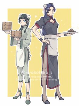  1boy 1girl aqua_eyes bandaged_wrist bandages beads blunt_bangs border bun_cover chinese_clothes cleavage_cutout closed_mouth clothing_cutout commentary_request crossdressing crossdressing_(mtf) dated double_bun dress full_body green_hair green_nails green_pants green_shirt grey_dress hair_beads hair_bun hair_ornament hand_on_own_hip high_heels highres holding holding_plate jinshi_(kusuriya_no_hitorigoto) kusuriya_no_hitorigoto light_smile long_hair maomao_(kusuriya_no_hitorigoto) nail_polish pants pantyhose parted_bangs pectorals pink_eyes plate purple_hair purple_nails shirt short_sleeves side_slit standing takehide twitter_username white_border yellow_background 