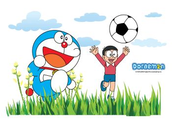  2boys ball black_hair blue_pants cat_boy cloud doraemon doraemon_(character) full_body grass highres male_focus multiple_boys nobi_nobita official_art one_eye_closed open_mouth pants red_shirt shirt shoes short_hair shorts soccer soccer_ball solo t-shirt 