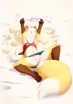  1girl :o aas_(pixiv_3382255) absurdres animal_ears anus artist_name blonde_hair blush bow bow_panties cleft_of_venus clothes_lift denim denim_skirt drooling feet female_focus fox fox_ears fox_girl fox_tail full_body furry heart highres holding holding_panties holding_underwear holding_unworn_clothes huge_filesize loli lying midriff on_back open_mouth original panties pawpads pussy pussy_juice shirt_lift skirt solo spread_legs tail uncensored underwear yellow_fur  rating:Explicit score:268 user:Chaoticly