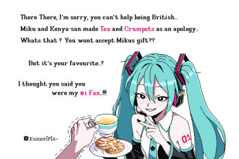  1boy 1girl aqua_eyes aqua_hair aqua_necktie artist_name bare_shoulders black_nails cum cum_on_food cup detached_sleeves english_text freckles hatsune_miku hatsune_miku_does_not_talk_to_british_people_(meme) holding holding_cup holding_plate kumoripix necktie netorare pee pee_in_container pee_in_cup plate queen_of_spades_symbol simple_background spade_(shape) stray_pubic_hair text_focus trembling v vocaloid white_background  rating:Explicit score:23 user:i_ruv_u