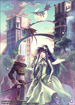  1boy 1girl 2004 ambiguous_gender aqua_eyes arch_bridge archived_source arm_belt artist_name balcony belt belt_buckle black_belt black_hair black_pants black_sleeves black_tunic blue_sky blunt_bangs breasts bridge buckle collared_shirt copyright_notice covered_mouth crescent_moon dragon english_text european_architecture facial_scar fantasy feet_out_of_frame gloves green_headdress green_ribbon green_shirt green_skirt green_sleeves grey_gloves h2so4 hair_between_eyes headdress high_collar holding holding_sheath light_particles lipstick long_hair long_sidelocks long_skirt looking_at_viewer makeup medium_breasts moon original pants parted_lips railing rainbow red_eyes red_lips ribbon scar scar_on_cheek scar_on_face sheath shirt sidelocks skinny skirt sky sleeve_cuffs sleeves_past_wrists standing tower tree tunic very_long_hair very_long_sidelocks water waterfall watermark web_address western_dragon white_hair white_wings wings 