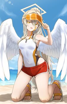  1girl absurdres akasha_(v0id_saga) angel_wings beach blonde_hair blue_sky character_request cloud coeiroink commentary_request competition_swimsuit day facial_mark halo highleg highleg_one-piece_swimsuit highres horizon housen_reiri looking_at_viewer multicolored_swimsuit ocean one-piece_swimsuit orange_visor outdoors ponytail rectangular_halo red_shorts sandals shorts sky solo swimsuit visor_cap white_one-piece_swimsuit wings yellow_eyes 