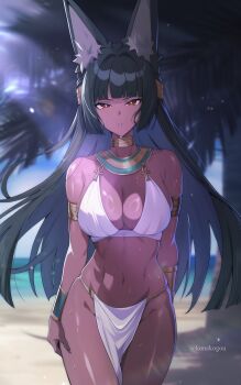  1girl alternate_costume alternate_skin_color ancient_egyptian ancient_egyptian_clothes animal_ear_fluff animal_ears beach black_hair blue_sky blurry blurry_foreground breasts cleavage cloud dark-skinned_female dark_skin day fox_ears fox_girl highres hoshimi_miyabi konekogou large_breasts long_hair looking_at_viewer navel ocean outdoors palm_tree pelvic_curtain red_eyes sky solo thighs tree twitter_username zenless_zone_zero  rating:Sensitive score:43 user:danbooru