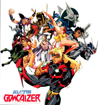  1990s_(style) 1996 armor blonde_hair blue_hair breasts brider brown_hair captain_atlantis choujin_gakuen_gowcaizer dark-skinned_male dark_skin fudomaru fudou_ranpou gowcaizer kaiza_gouichiro kaiza_isato kash_gyustan long_hair marion muscular muscular_male oobari_masami pink_hair power_armor retro_artstyle shenlong shigure_kyosuke shigure_kyousuke shiny_clothes shiny_skin sideboob son_karin sun_hualing tachibana_ikki tan thong 