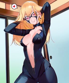 1girl adjusting_hair black_bodysuit black_cat_(marvel) black_cat_(marvel)_(cosplay) black_mask blonde_hair bodysuit breasts cesar_art456 cleavage closed_mouth cosplay cowboy_shot ear_piercing earrings heart highres jewelry kitagawa_marin marvel medium_breasts medium_hair navel open_bodysuit open_clothes piercing purple_eyes smile solo sono_bisque_doll_wa_koi_wo_suru speech_bubble spoken_heart 