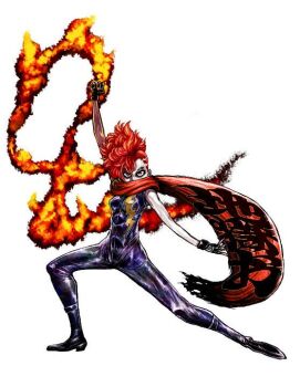  1girl bodysuit fingerless_gloves fire fire_and_ice_(yngwie_malmsteen) gloves ignite japanese_text long_scarf ninja_slayer official_art pose_imitation red_hair scarf side_shave unusual_eyebrows warainaku yngwie_malmsteen 