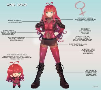  1girl absurdres black_boots bodystocking boots breasts brown_jacket chibi commentary commission covered_navel cropped_jacket dove_(abc) english_commentary english_text fishnet_bodystocking fishnets gloves gradient_hair green_eyes hands_on_own_hips highres jacket knee_boots long_hair lowleg lowleg_skirt lumpychan medium_breasts miniskirt multicolored_hair original purple_hair raised_eyebrow red_hair signature skirt slide turtleneck white_gloves 