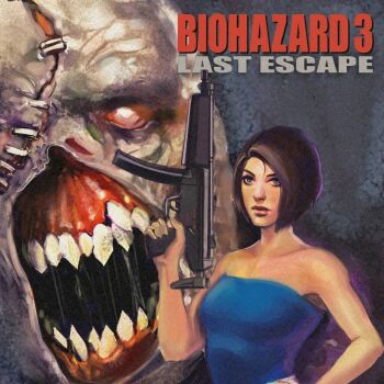  1boy 1girl assault_rifle blue_eyes blue_tube_top brown_hair commentary desantiart english_commentary gun holding holding_gun holding_weapon jill_valentine nemesis_(resident_evil) one-eyed resident_evil resident_evil_3:_nemesis rifle sharp_teeth stitched_face stitches strapless teeth tube_top weapon 