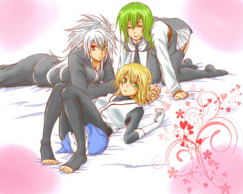  3girls arc_system_works blazblue blazblue:_calamity_trigger blonde_hair bluerosekk closed_eyes female_focus gender_request genderswap gloves green_eyes green_hair hazama heterochromia kisaragi_jin long_hair lying multiple_girls necktie ragna_the_bloodedge red_eyes silver_hair thighhighs toeless_legwear white_gloves 