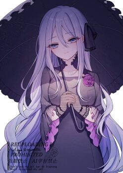  1girl aryuma772 black_dress blue_eyes closed_mouth collar commentary_request dress flower frilled_collar frilled_sleeves frilled_umbrella frills gloves grey_hair hair_between_eyes highres holding holding_umbrella lace lace-trimmed_gloves lace_gloves lace_trim long_hair looking_at_viewer project_sekai purple_flower purple_rose rose smile solo umbrella very_long_hair watermark white_background yoisaki_kanade 