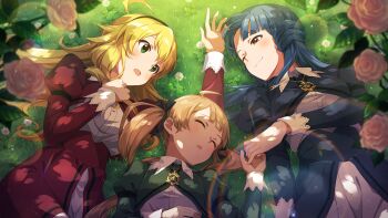  3girls ahoge blonde_hair blue_dress blue_hair blurry blurry_foreground blush brown_hair closed_eyes closed_mouth commentary_request day dress game_cg green_dress green_eyes hakozaki_serika hoshii_miki idolmaster idolmaster_(classic) idolmaster_million_live! idolmaster_million_live!_theater_days kitakami_reika long_hair looking_at_another lying multiple_girls official_art on_back on_grass one_eye_closed outdoors red_dress side-by-side third-party_source 
